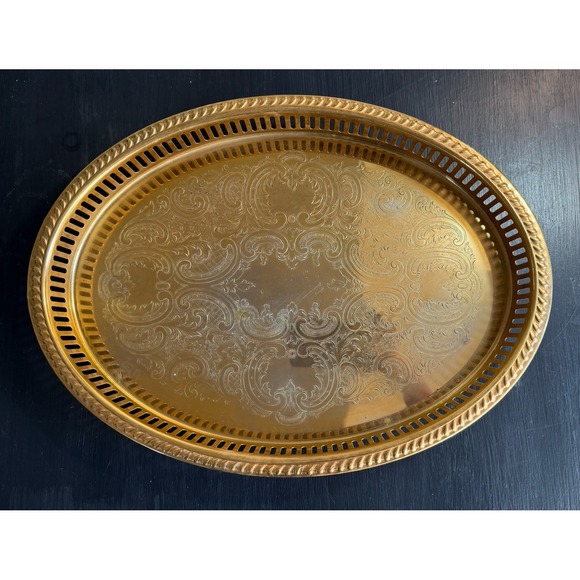 Vtg Brass Oval Ornate Tray Reticulated High Edge Craftsman's Maker Stamped 16